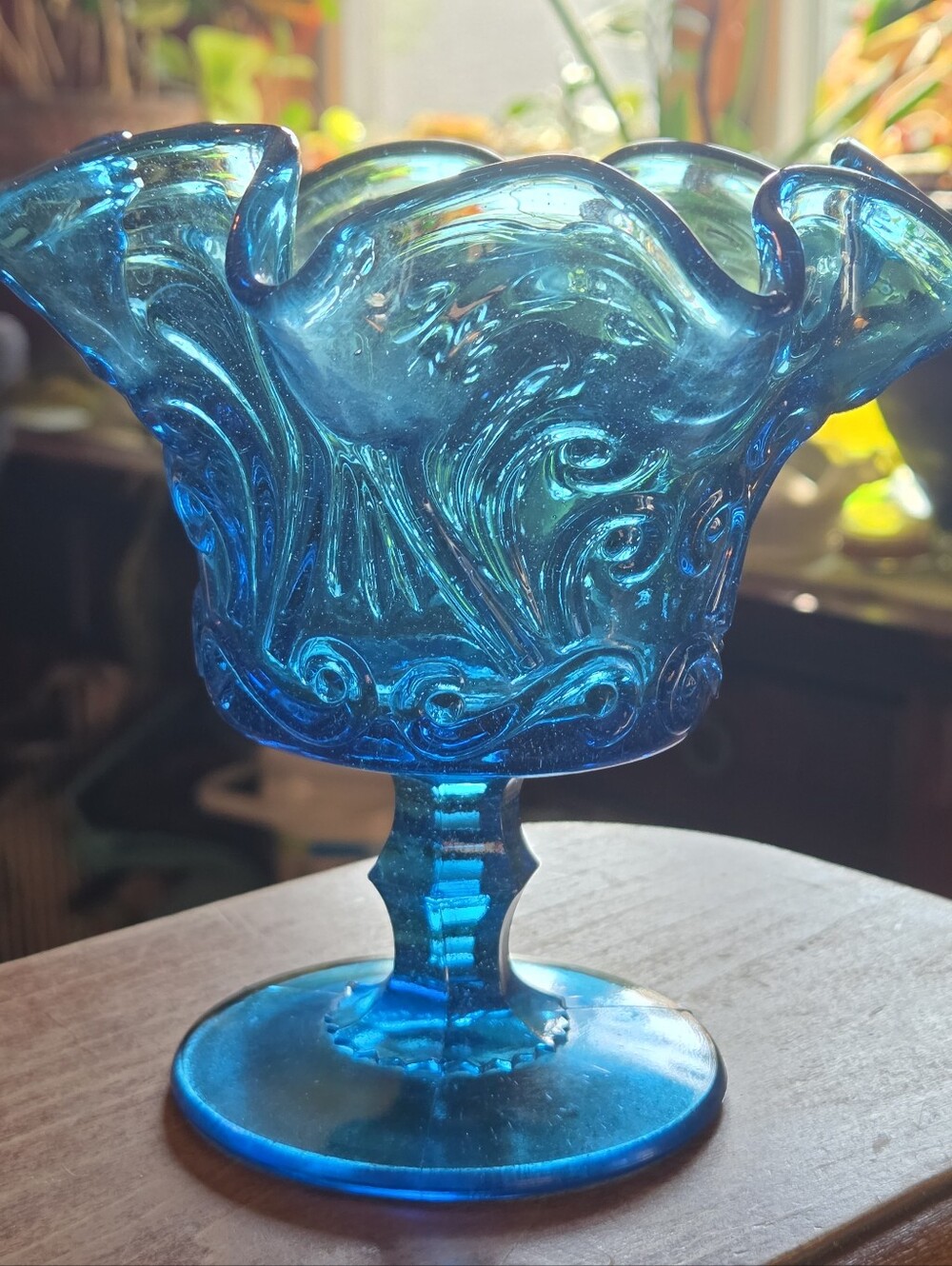Vintage MCM Imperial Glass Atterbury Scroll Compote Blue Ruffled 5 1/2" Pedestal
